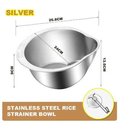 Pack of 10 Bowl with Stainless Steel Rice Strainer Bowl for washing rice Kitchen Tools: Rice Sieve Colander, Fruit and Vegetable Strainer